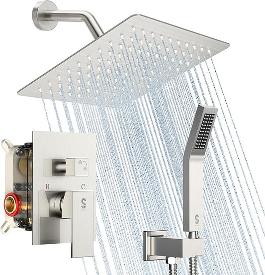 SR SUN RISE Shower Faucet Set - Shower Valve with 8 Inch Rainfall Shower Head and Handheld Shower - Wall Mounted Shower System with Rough In Valve and Shower Faucet Trim Repair Kits - Brushed Nickel