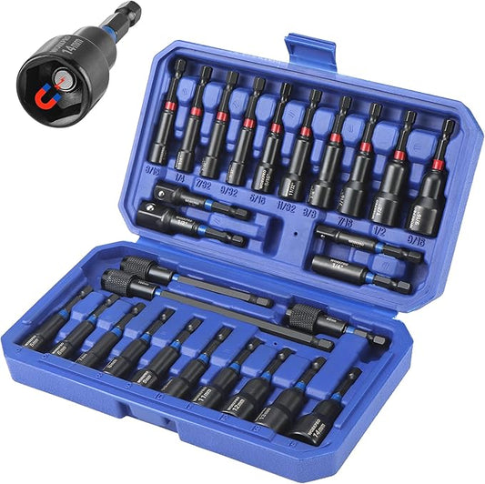WORKPRO 27 PCS Magnetic Nut Driver Set, Impact Drill Driver Bit 1/4" Hex Shank, SAE & Metric Cr-V Steel Power Nut Drivers with Quick-release Extensions, Impact Socket Adapters, Bit Holder and Toolbox