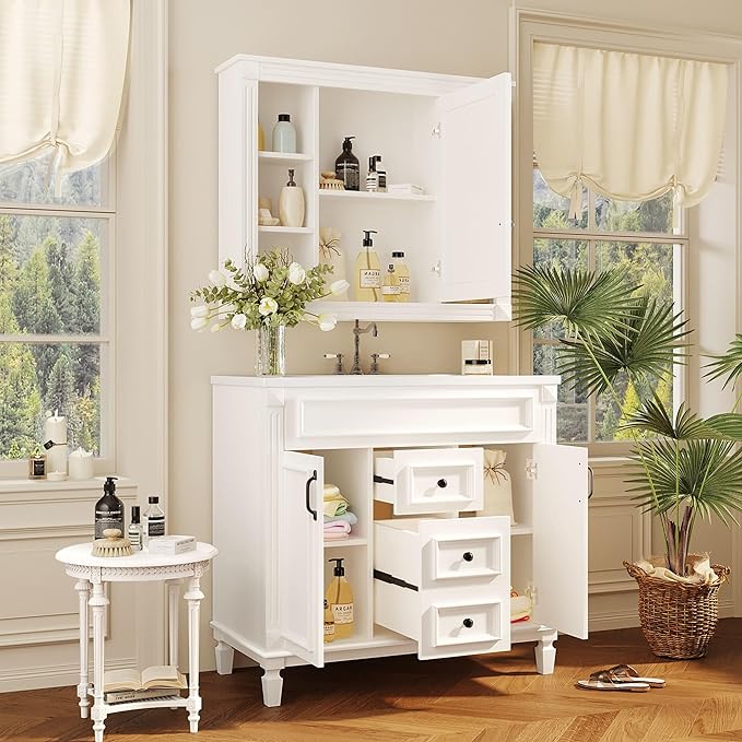 Merax 36" Bathroom Vanity with Sink, 36 inch Bathroom Vanity Storage Cabinet with Matching Mirror Medicine Cabinet, Ceramic Sink Top, Solid Wood Frame, Painted Finish (White)