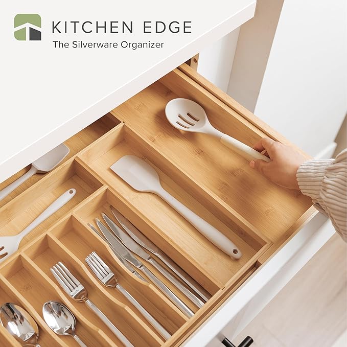 KitchenEdge Premium Silverware, Flatware and Utensil Organizer for Kitchen Drawers, Food-Safe Contract Grade, Expandable from 16 to 28 In, Natural Bamboo