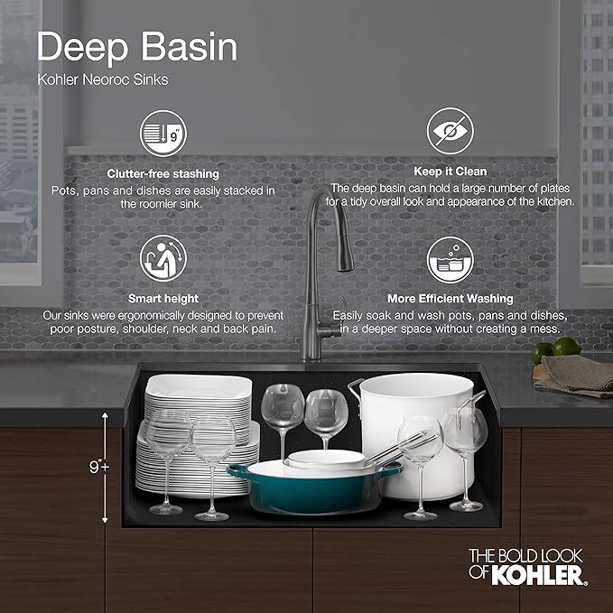 KOHLER K-28000-CM4 Cairn 27-1/2" Undermount Single-Bowl Kitchen Sink, Neoroc Composite Kitchen Sink with Sink Rack, Matte Grey