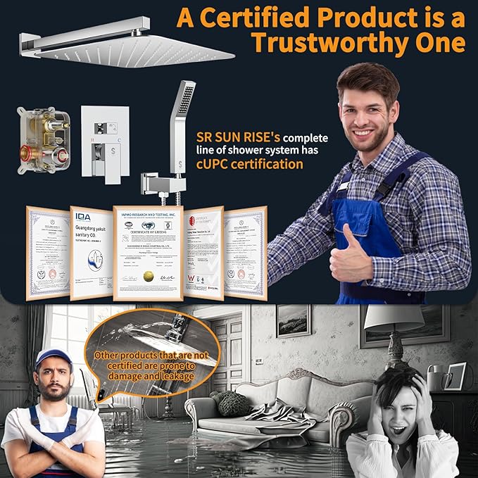 SR SUN RISE Polished Chrome Square Rainfall Shower Head and Handle Set, Wall Mounted Shower Fixtures, Metal Shower Faucet Trim Repair Kits (With Shower Valve) 16 Inches