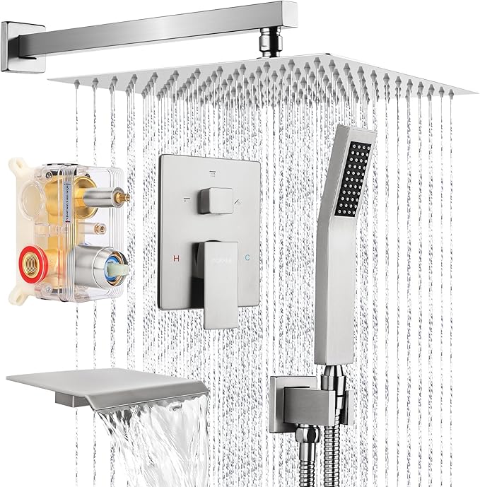12 Inch Rainfall Shower System with Tub Spout Wall Mounted Complete Combo with Solid Brass Pressure Balancing Valve, High Pressure Shower Head, Handle Set & Installation Accessories