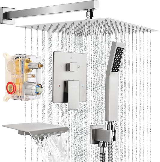 12 Inch Rainfall Shower System with Tub Spout Wall Mounted Complete Combo with Solid Brass Pressure Balancing Valve, High Pressure Shower Head, Handle Set & Installation Accessories