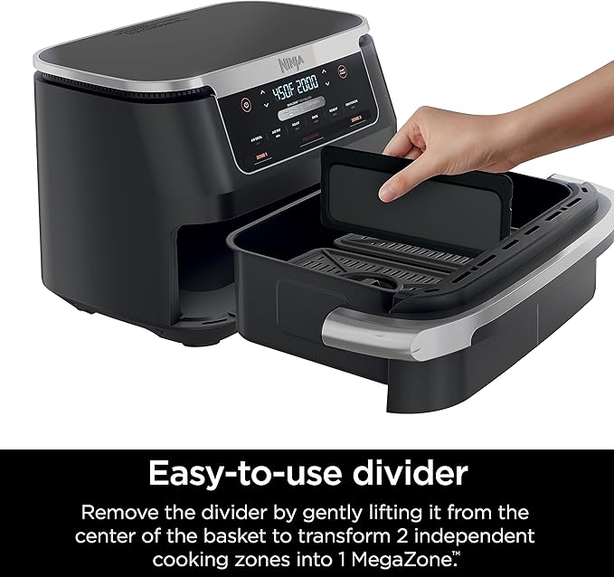 Ninja DZ071 Foodi 6-in-1 FlexBasket Air Fryer with 7-QT MegaZone & Basket Divider for Large Proteins & Full Meals, Smart Finish Cook 2 Foods 2 Ways, Family Sized Capacity, Air Fry, Roast & More, Black