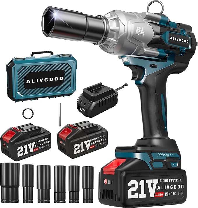 Upgrade 1300N.m/1000Ft-lbs Cordless Impact Wrench, 2x 5.0AH Battery, 1/2 Inch Electric Impact Gun, Fast Charger, Power Impact Wrench for Truck RV Heavy-duty with 5 Sockets(17mm,19mm,21mm,24mm,32mm)
