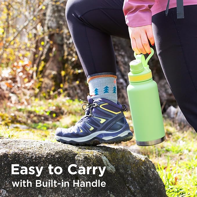 ThermoProof Double-Walled Vacuum Insulated Stainless Steel Water Bottle - Wide Mouth Canteen with Spout & Straw Lids, Dishwasher Safe, Reusable, Leakproof, BPA-Free - 32oz, Taupe