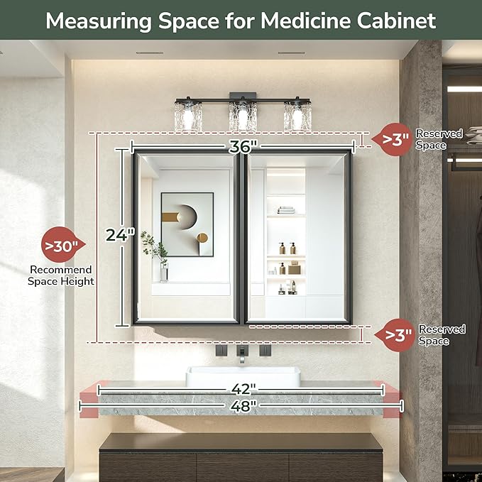 TokeShimi 36x24 Recessed Medicine Cabinet with Mirror Black, Beveled Bathroom Mirror with Storage Aluminum, Surface Mounted Metal Medicine Cabinets for Bathroom Vanity Wall