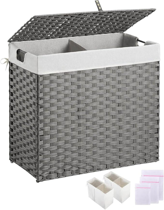 Greenstell Laundry Hamper with lid, No Install Needed, 130L Wicker Laundry Baskets Foldable 2 Removable Liner Bags, 2 Section Clothes Hamper Handwoven Rattan Laundry Basket with Handles, Gray