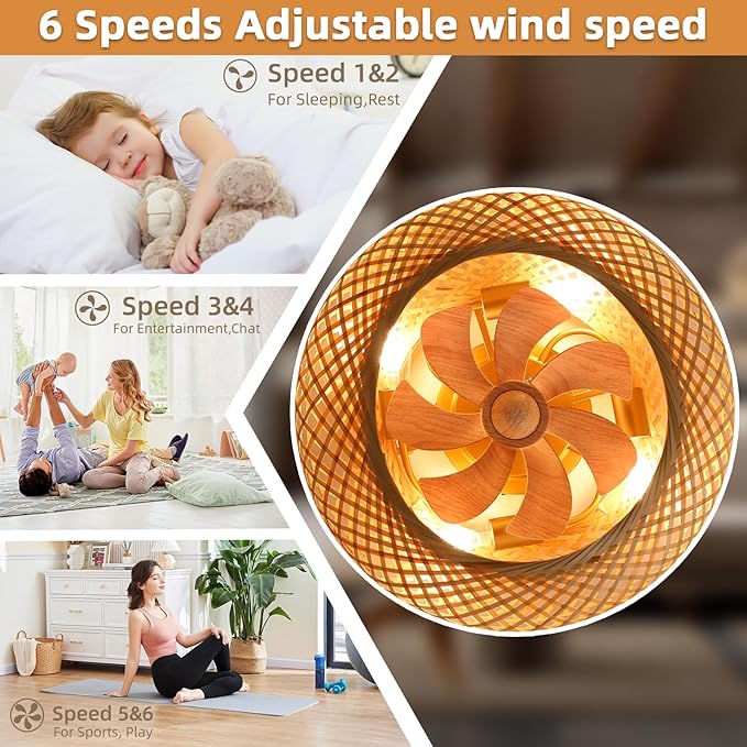 NicBex Ceiling Fan 20 Inch Ceiling Fans with Lights Bamboo Woven Ceiling Fan with Blades and Remote Control Flush Mount Ceiling Fans for Bedroom, Living Room, Natural