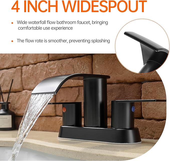 Waterfall Bathroom Sink Faucet 4 Inch Faucet 2 Handle Lead-Free Black, Bathroom Faucet with Water Supply Lines Pop Up Drain, 2 or 3 Holes Bathroom Basin Lavatory Mixer Tap with Deck Mount Plate