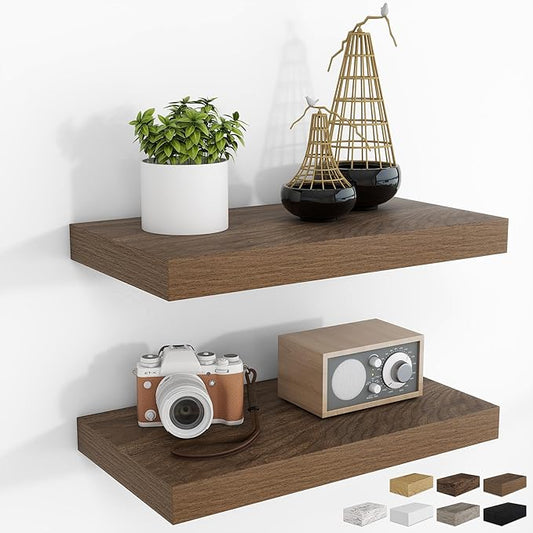 RICHFOCUS 16Inch Floating Shelves for Wall 2 Pack Shelves for Bedroom|Kitchen|Bathroom Wall Mounted Rustic Wood Floating Shelf with Invisible Brackets for Books|Storage|Decor, Walnut
