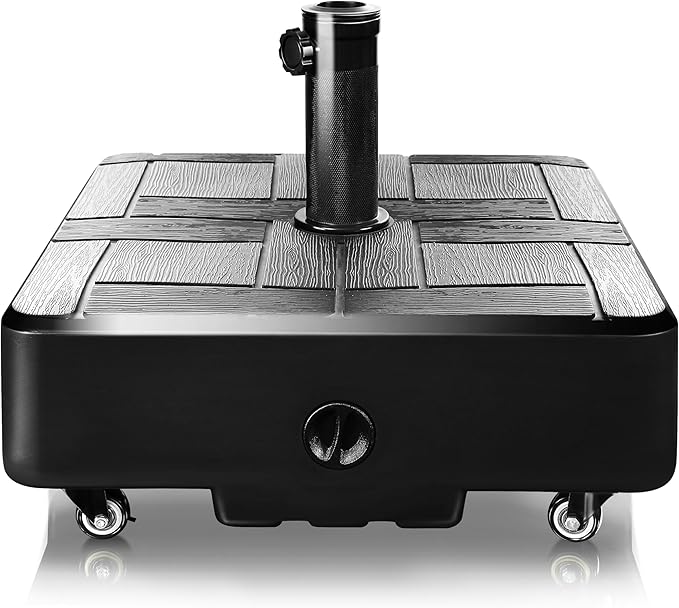 FRUITEAM 155lb Capacity Fillable Portable Umbrella Base with Wheels,Patio Umbrella Base Heavy Duty, Square Market Stand for Patio,Outdoor,Deck w/ 4 Wheels, 2 Locks, 1 Knobs, Wind-Resistant Design