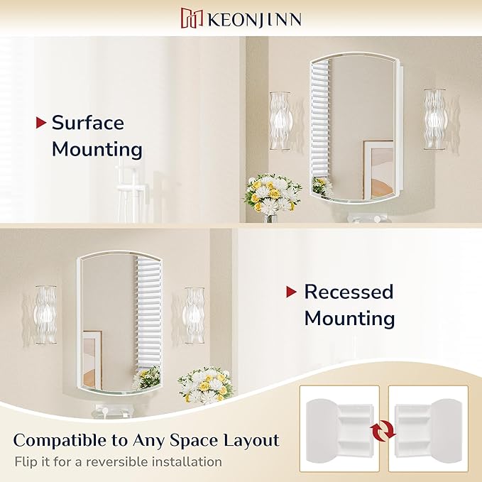Keonjinn White Medicine Cabinet with Mirror 24” x 30”, Metal Framed Wall Cabinet with Beveled Mirror, Surface Mount or Recessed Medicine Cabinet for Bathroom, Bathroom Mirror with Storage
