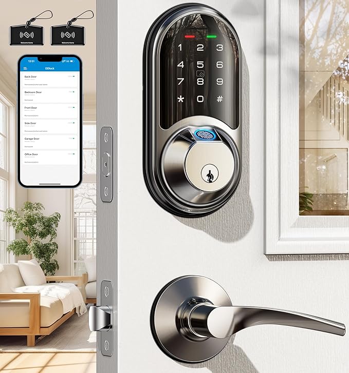 Veise RZ07B Smart Locks for Front Door, 2 Lever Handles, Fingerprint Keyless Entry, App Control Biometric Door Lock Set, Touchscreen Keypad Deadbolt, Easy Install, Auto Locking, Satin Nickel