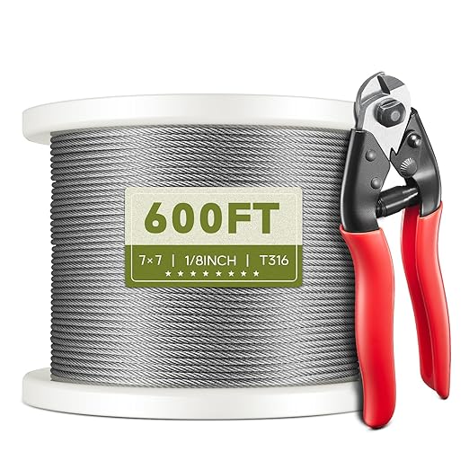 600FT 1/8" T316 Stainless Steel Cable, Wire Rope Aircraft Cable for Deck Cable Railing Kit and DIY Balustrades, 7x7 Strands Construction, Comes with a Cutter