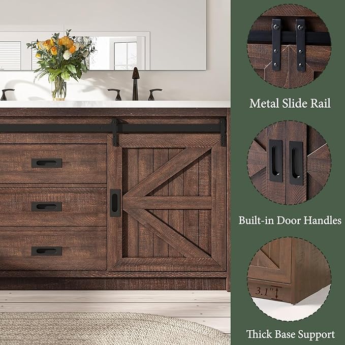 60" Farmhouse Bathroom Double Vanity Sliding Barn Door with Sink Combo, Freestanding, Bathroom Vanity Cabinet with Drawers & Metal Handles, Reclaimed Barnwood