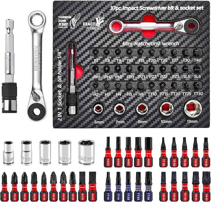 37Pieces Impact Screwdriver Bit & Socket Set with Mini Ratcheting Wrench, 30Pcs Impact S2 Screwdriver Bits, 5Pcs Sockets and 2-In-1 Bit Extension Holder Repair Tools