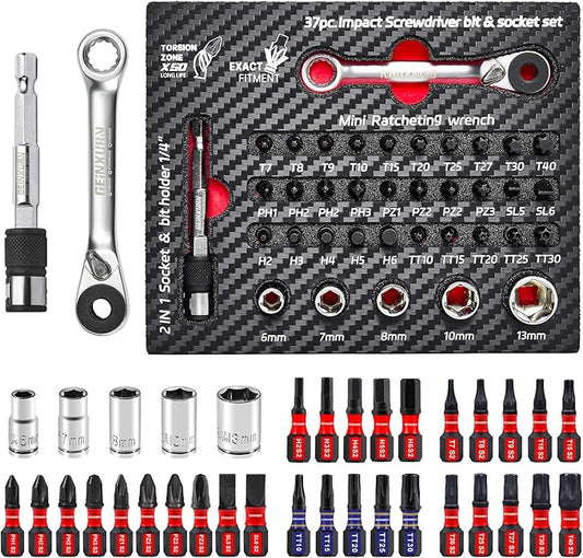37Pieces Impact Screwdriver Bit & Socket Set with Mini Ratcheting Wrench, 30Pcs Impact S2 Screwdriver Bits, 5Pcs Sockets and 2-In-1 Bit Extension Holder Repair Tools