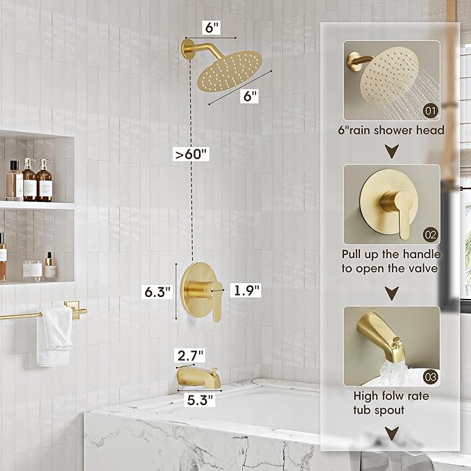 Tub Shower Faucet Set, Tub and Shower Trim Kit with 6 Inch High-Pressure Rian Shower Head,Shower Head and Handle Set, Brushed Gold