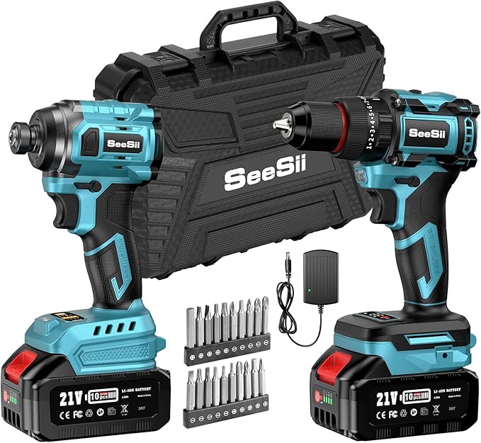 SEESII 21V Max Cordless Drill and Impact Driver, Power Tool Combo Kit Included 3/8'' Drill & 1/4'' Impact Driver, 2x 4000mAh Battery, Fast Charger, 20 pcs Driver Bit Set & Bag