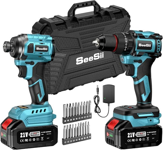 SEESII 21V Max Cordless Drill and Impact Driver, Power Tool Combo Kit Included 3/8'' Drill & 1/4'' Impact Driver, 2x 4000mAh Battery, Fast Charger, 20 pcs Driver Bit Set & Bag