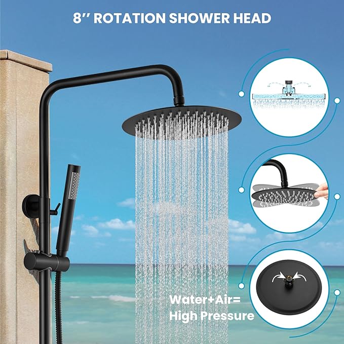 gotonovo Outdoor Shower Fixtures SUS304 Stainless Steel Rain Shower Kit Faucet High Pressure Wall Mount 2 Dual Function 8 Inch Showerhead and Handheld Spray Combo, Double Lever Handle, Matte Black