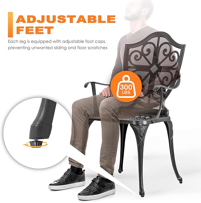 NUU GARDEN 3 Piece Outdoor Bistro Set All Weather Cast Aluminum Patio Set Bistro Table Set Rustproof Patio Table and Chairs with Umbrella Hole for Backyard, Balcony, Front Porch, Black