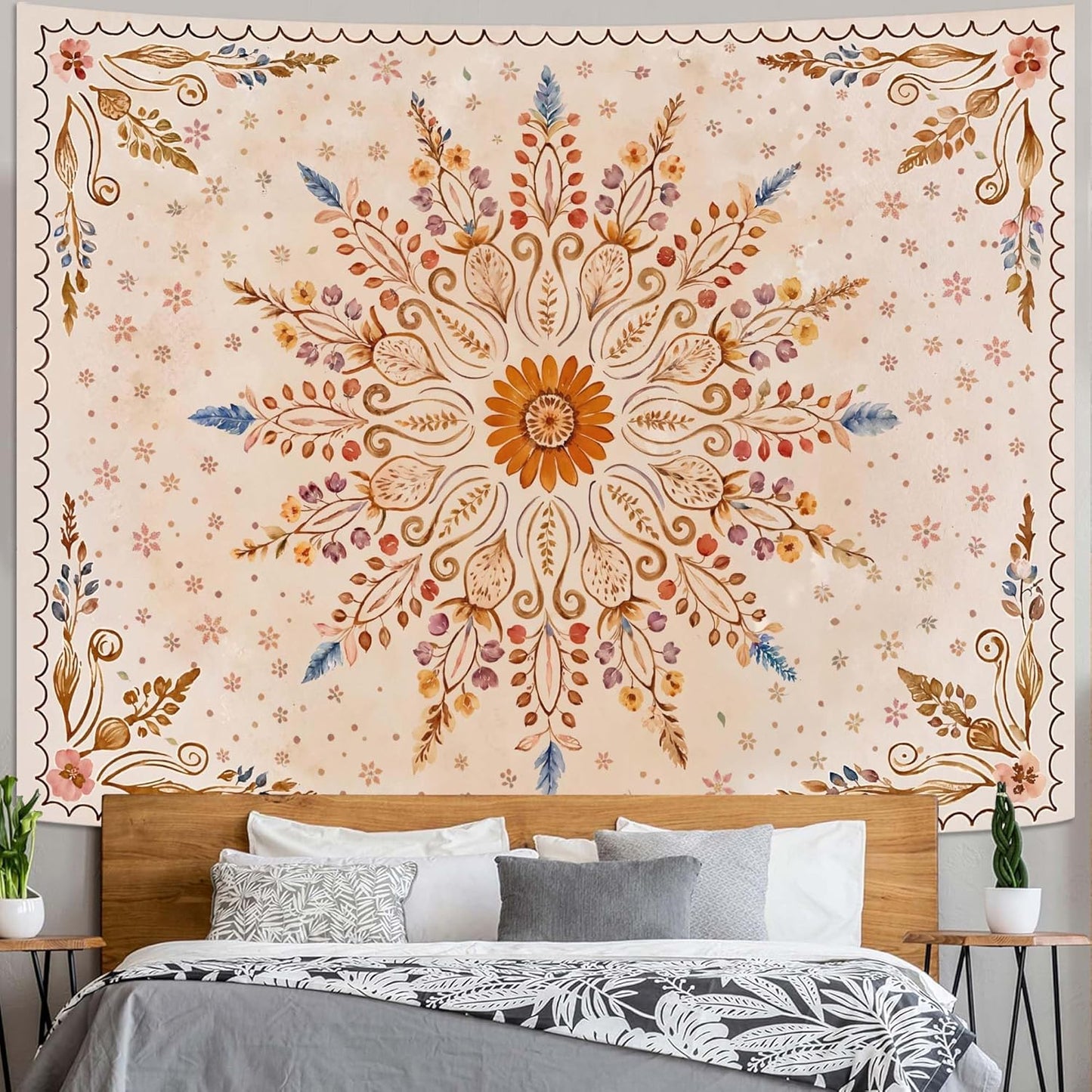 Fowocu Boho Floral Mandala Tapestry for Bedroom Aesthetic Watercolor Bohemian Flower Wall Tapestry Brown Beige Hippie Indian Large Tapestries Wall Hanging for Living Room Dorm Decor 80 x 60 Inch