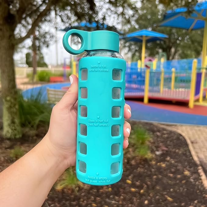 purifyou Premium 40/32 / 22/12 oz Glass Water Bottles with Volume & Times to Drink, Silicone Sleeve & Stainless Steel Lid Insert, Reusable Bottle for Fridge Water, Milk, Juice (12oz Aqua Blue)