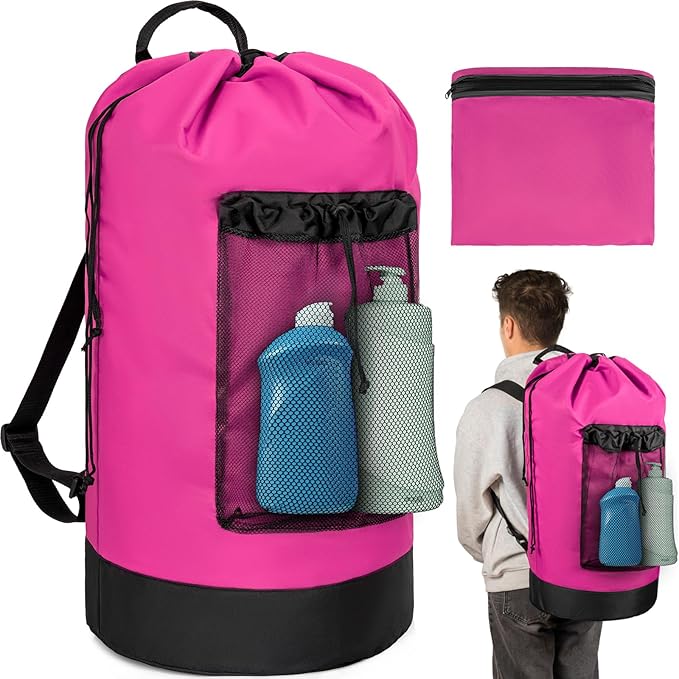 Laundry Bag Backpack with Shoulder Straps and Mesh Pocket Foldable Laundry Hamper for College, Apartment, Laundromat (Pink)