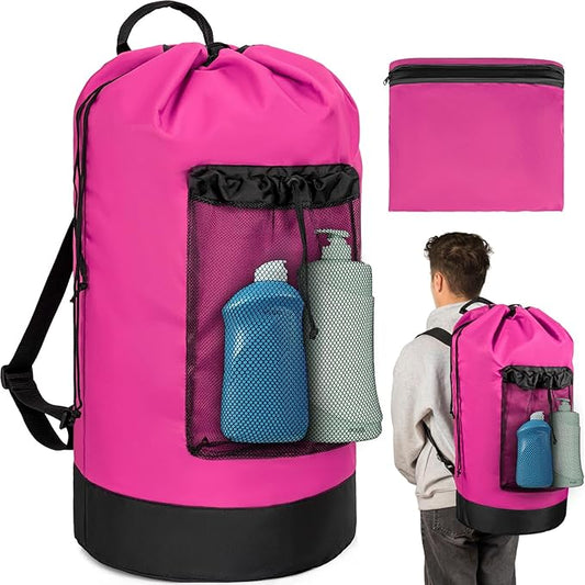 Laundry Bag Backpack with Shoulder Straps and Mesh Pocket Foldable Laundry Hamper for College, Apartment, Laundromat (Pink)