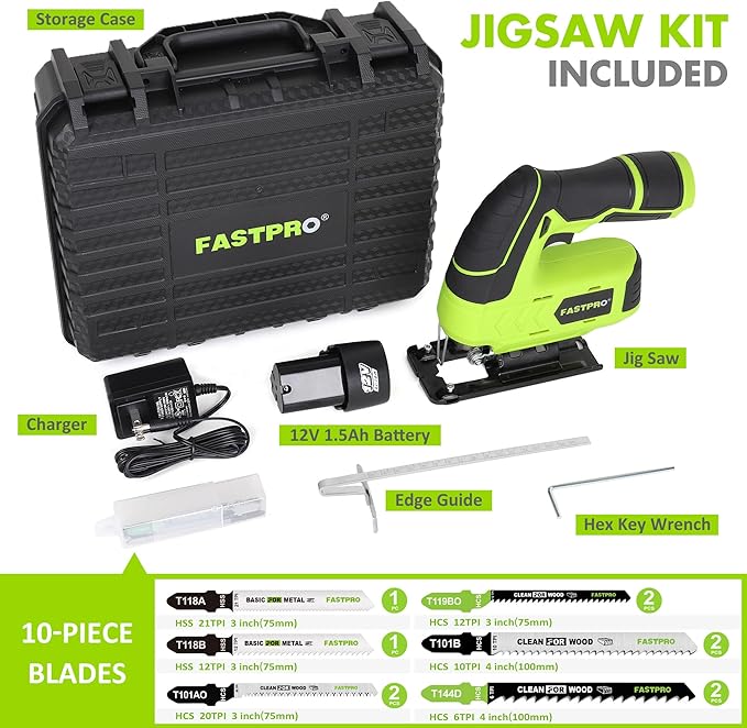 FASTPRO 12V Cordless Jig Saw Kit, Electric Jigsaw with 10pcs Blades & Edge Guide, Included 1.5 Ah Battery, Charger and Storage Case