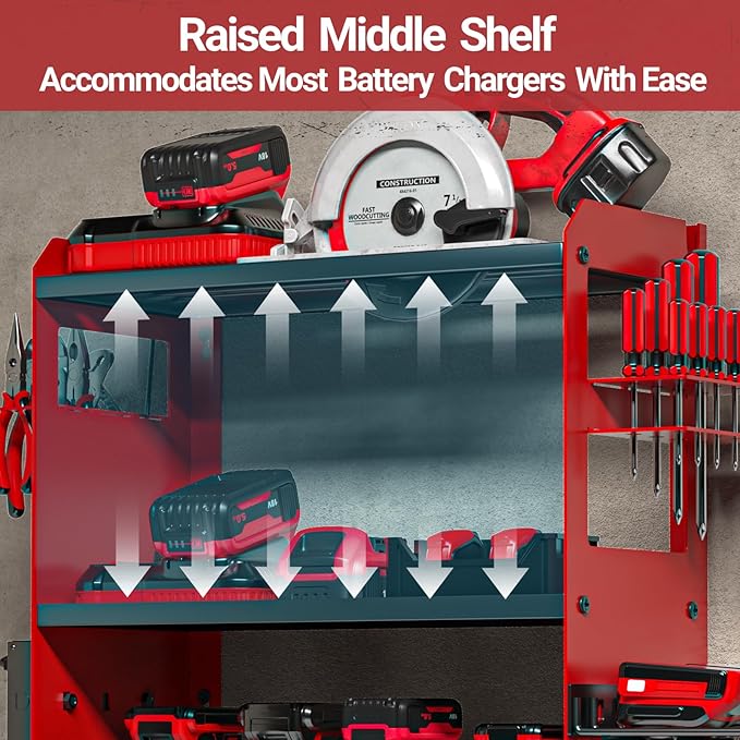 YYR Power Tool Organizer Wall Mount with Charging Station, Cordless Tools Hanger and Battery Storage Rack for Garage Organization, Heavy Duty Drill Holder Shelf Build in Metal Power Strip - Red