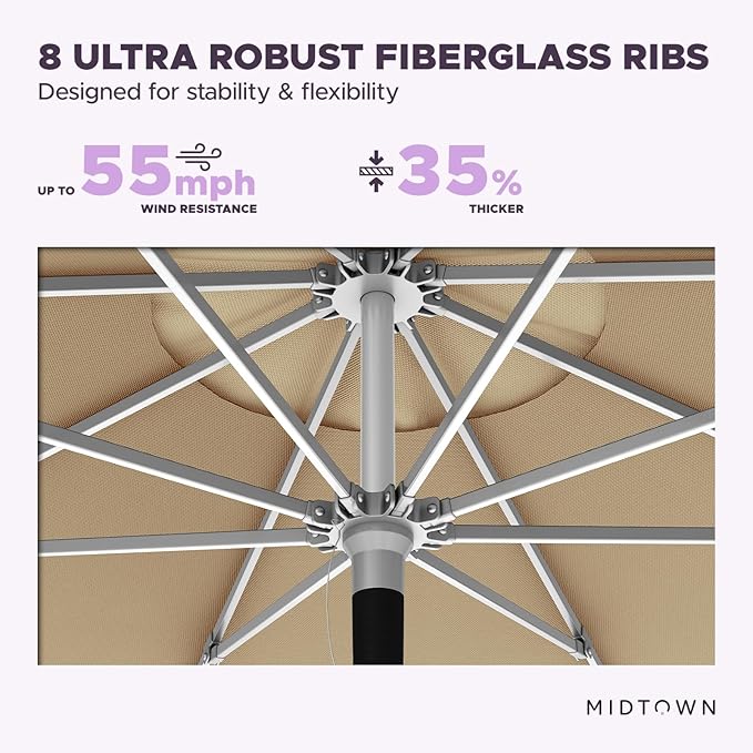 Midtown Umbrellas Push Pop Sunbrella Umbrella 8 Feet Outdoor Umbrella in Heather Tan Acrylic Fabric - Patio, Backyard, Garden, Picnic Table & Pool - Black Pole