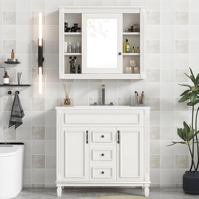 Marzzi 36" Bathroom Vanity with Sink & Matching Medicine Cabinet, 36 inch Bathroom Vanity Storage Cabinet with Sink Top, 2 Drawers, and Mirror with Storage
