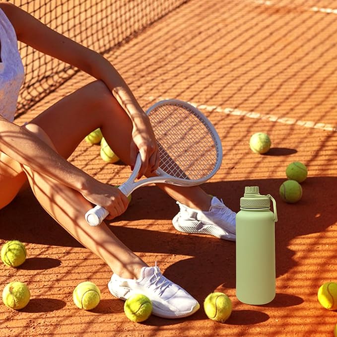 White 32 OZ Insulated Water Bottle, Cream Large Metal Insulated Stainless Steel Water Flask, Big Sports Travel Water Bottle with 2 Lids, Insulated Thermos Thermal Mug Cup