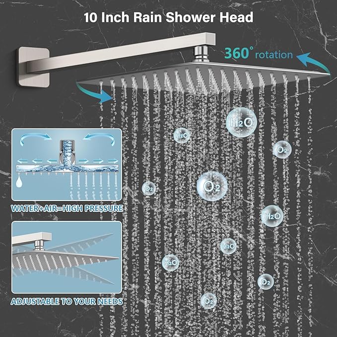 Shower Faucet Set Bathroom Square Rain Shower Head and Handle Set, Wall Mounted Shower Fixtures With Shower Valve and Trim Kit 10 inch Brushed Nickel