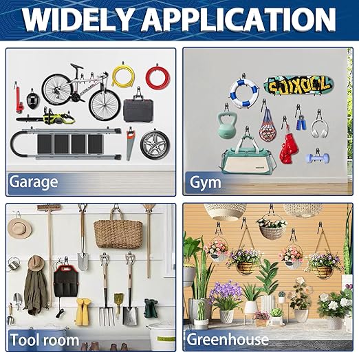 3-H Garage Hooks Heavy Duty with 2 Storage Straps, Utility Garage Wall Mount Hooks for Garden, Ladders, WeedEater, Shovel(Black)