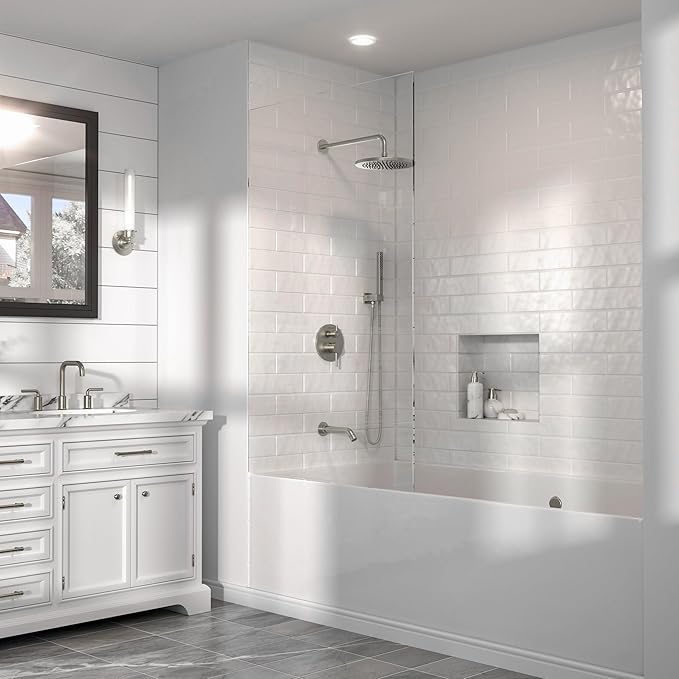 Lava Odoro Modern 3-Setting Round Rain Bathtub and Shower Faucet Set, Brushed Nickel Rainfall Shower Head and Handle Set, Rain Shower System with Tub Spout, Shower Valve Trim Kit, SF104-BN-T