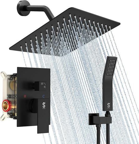 SR SUN RISE Shower Faucet - 8 Inch Shower System with Rain Shower Head and Handheld Spray - Shower Faucet Trim Repair Kits with Diverter Valve - All Metal Shower Set - Matte Black
