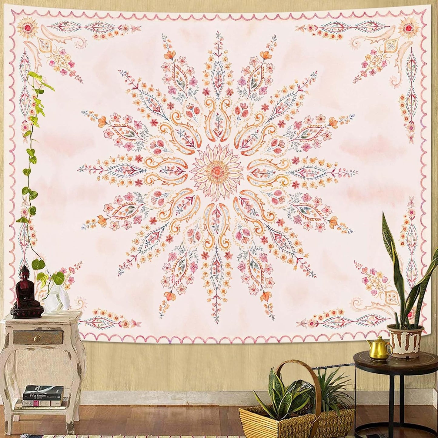 Fowocu Boho Floral Mandala Tapestry for Bedroom Aesthetic Pink Bohemian Flower Wall Tapestry Watercolor Hippie Indian Large Tapestries Wall Hanging for Living Room Dorm Decor 80 x 60 Inch