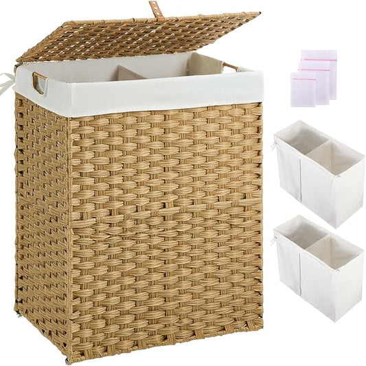 Greenstell Laundry Hamper No Install Needed, Divided Clothes Hamper with 2 Removable Liner Bags, 90L Handwoven Synthetic Rattan Laundry Basket with Lid and Handles, Foldable Natural