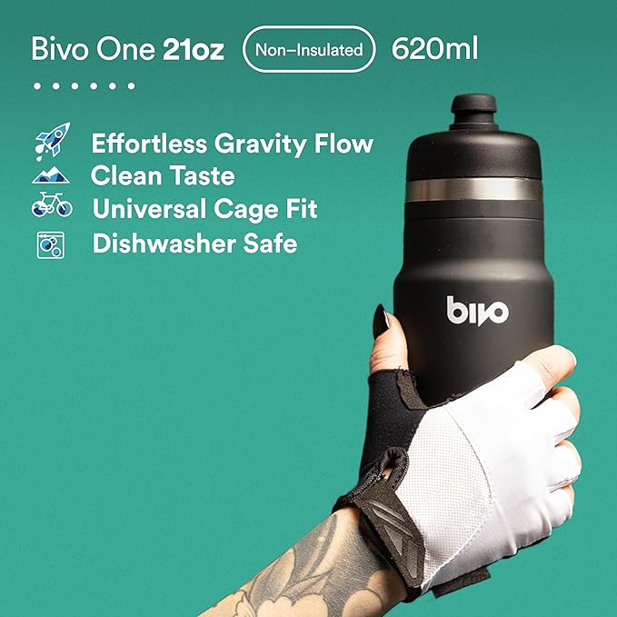 One 21oz Non Insulated Stainless Steel Bike Water Bottle - Lightweight for Cycling, Travel, Kids - No Plastic Taste, Fits Most Cages, Dishwasher Safe - (Black)