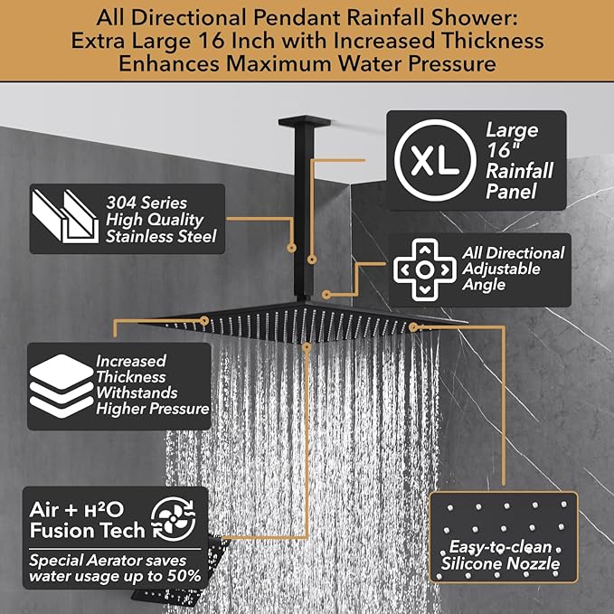 VANFOXLE Shower Faucet Set Matte Black Shower System,Shower Faucet with 2 in 1 Handheld,Ceiling Mount 16 Inch Shower Head+6 Inch Shower Head(Rough-in Valve Body and Trim)