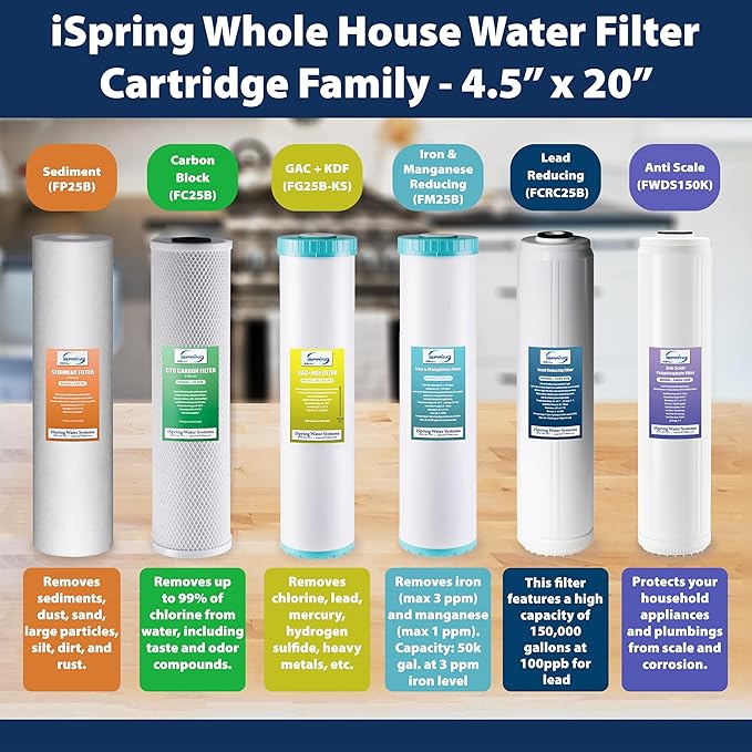 iSpring FG25B-KS High Capacity Heavy Metal Reducing GAC and KDF Whole House Water Filter Replacement Cartridge, 4.5” x 20”