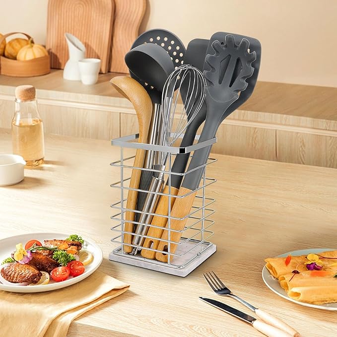 Square Kitchen Utensil Holder, Sturdy Metal Rack for Countertop Storage, Cooking Tools Organizer with Drainage Hole, Stylish Utensil Caddy for Effortless Kitchen Organization, with Marble Base