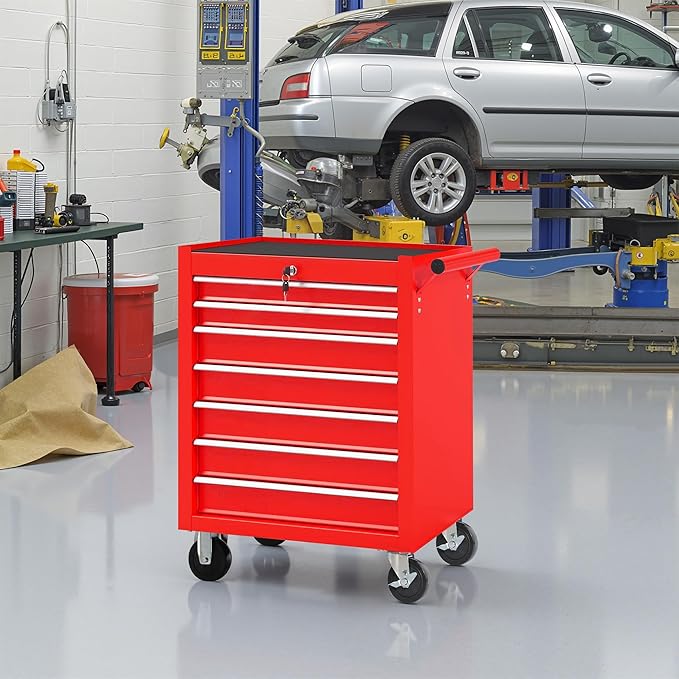 Tool Chest 7 Drawers Garage Storage Cabinet Steel Frame Tool Chest with Wheels, Top Storage Rack, Rubber Mat, Side Handle for Garage Workshop, Red