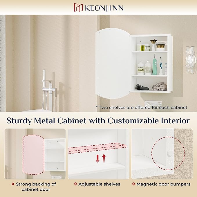 Keonjinn White Medicine Cabinet with Mirror 20” x 30”, Metal Framed Wall Cabinet with Beveled Mirror, Surface Mount or Recessed Medicine Cabinet for Bathroom, Bathroom Mirror with Storage