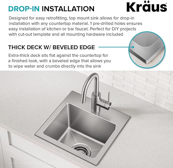 KRAUS Fairlane 15-inch Drop In/Top Mount Single Bowl 18-Gauge Stainless Steel Kitchen Bar Sink, KHT631-15